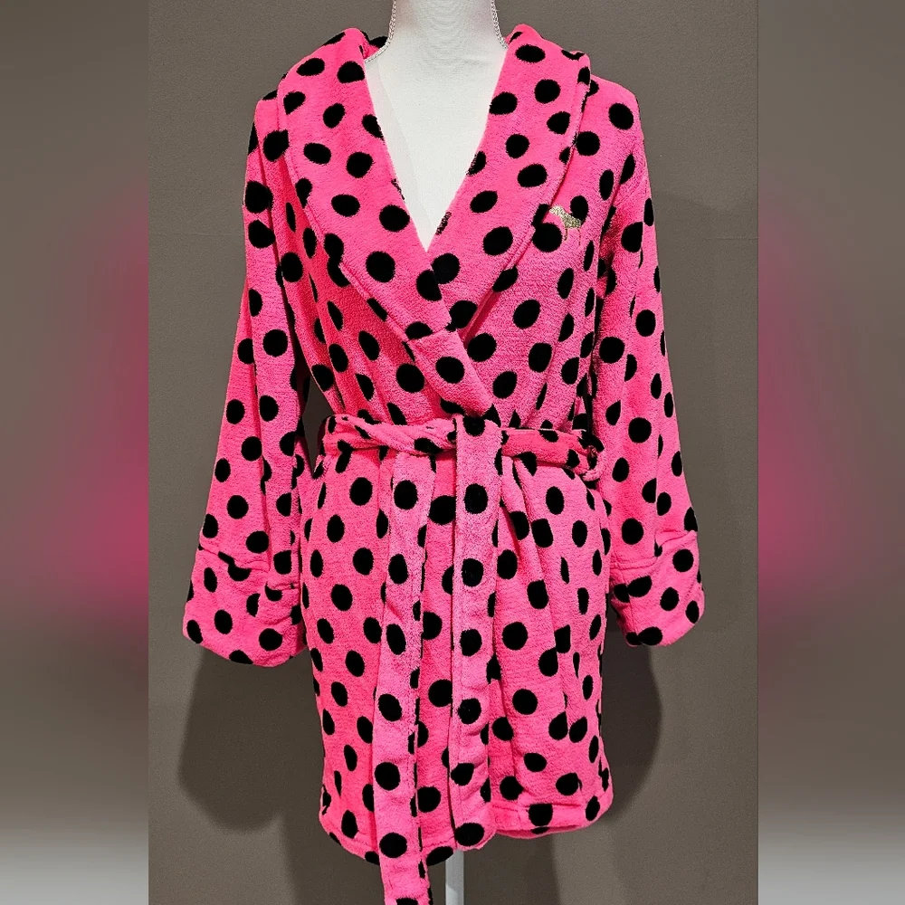 PINK Women's Polka Dot Plush Robe with Belt - Picture 1 of 4